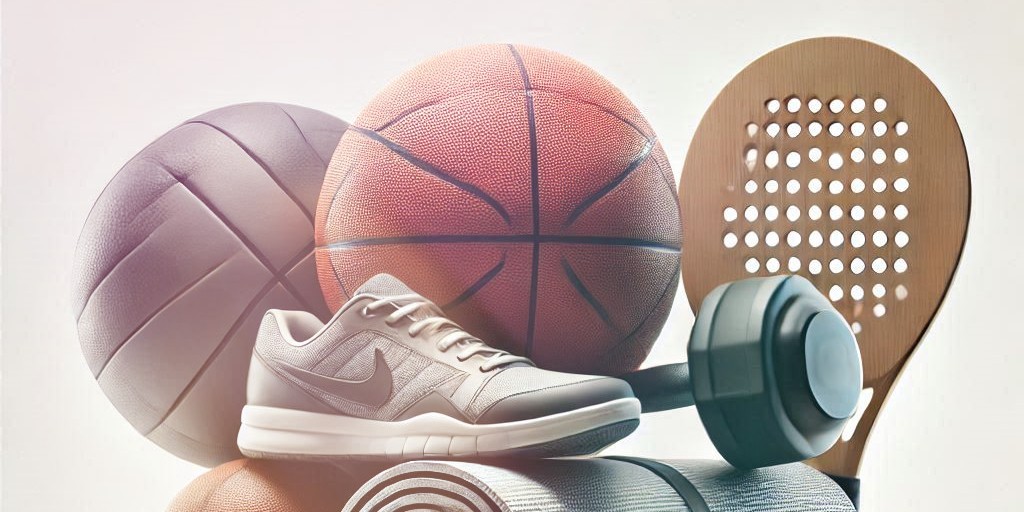 palla da basket e da pallavolo, scarpe da corsa, racchetta da padel, manubrio e tappetino da yoga: elementi impilati che indicano tanti sport